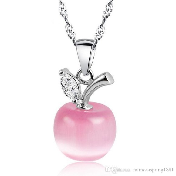 Jewelry - Small Pink Apple Opalite Pendant with Austrian Crystal - 925 Sterling Silver Cha